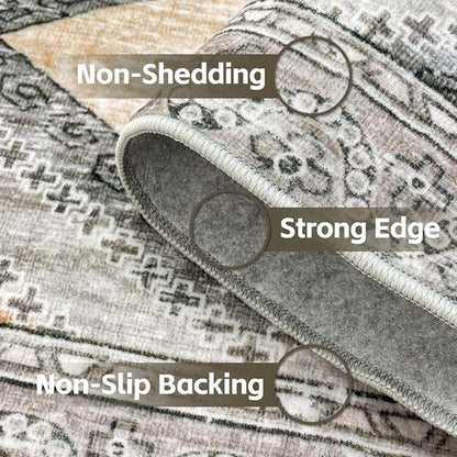 9x12 Area Rugs Light Brown Washable Rug for Living Room, Dining Room, Bedroom, Large Carpets, Non Slip & Non-Shedding Low Pile Vintage Print Rug for Home Office Decor