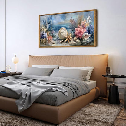 Ocean Beach Framed Wall Art Coastal Room Decor Rustic Starfish Seashell Landscape Picture Canvas Prints for Living Room Coral Flowers Decor Seaside Conch Poster Sea View Artwork Home Decoration 30x57.8"