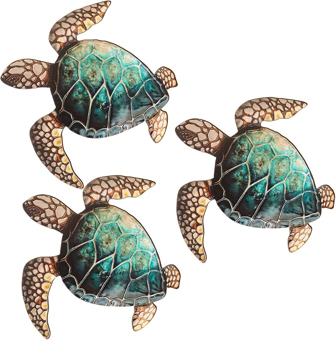 Tatuo 3 Pcs Summer Coastal Wall Decor Bathroom Beach Blue Wall Art Sea Turtle Surfboard Seahorse Starfish Seashell Conches Crabs Sea Life Decor for Bedroom Home (Classic Turtle Style)