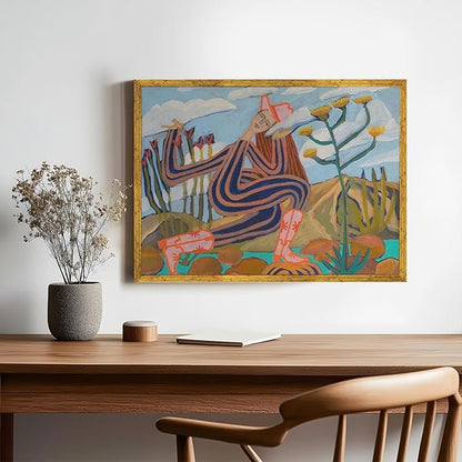 Large Gold Framed Abstract Western Cowboy Wall Art Cowgirl Canvas Print Midcentury Landscape Posters Modern Folk Botanical Painting Pictures California Artwork for Bedroom Home Decor 24x36inch