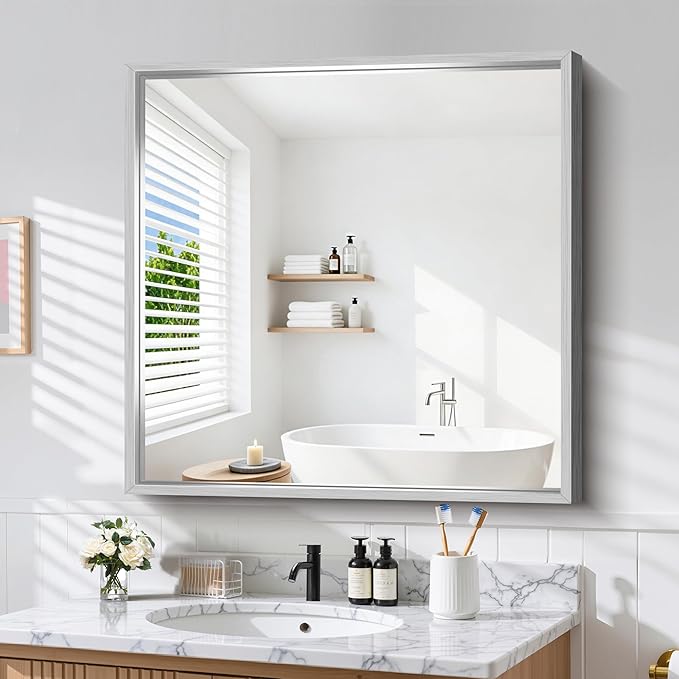 CIRCUMI 40"x40" Brushed Silver Mirror with Chunky Box Metal Frame, Bathroom Mirror for Vanity Remodel & New Home, Living Room, Entryway, Rectangular Wall Mirror, Tempered Glass, Vertical or Horizontal