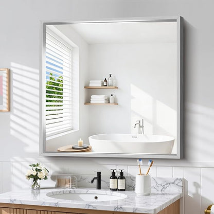 CIRCUMI 40"x40" Brushed Silver Mirror with Chunky Box Metal Frame, Bathroom Mirror for Vanity Remodel & New Home, Living Room, Entryway, Rectangular Wall Mirror, Tempered Glass, Vertical or Horizontal