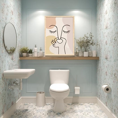 Cyebmo Boho Funny Bathroom Wall Art, Abstract Minimalist Face Line Art Wall Decor, Neutral Aesthetic Art Print, Modern Beige Poster Painting for Bedroom Living Room, Wood Framed 16x24 Inch
