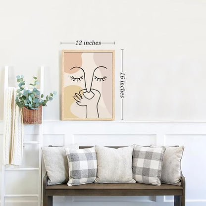 FWAHREN Funny Boho Bathroom Decor Wall Art, Framed Modern Abstract Minimalist Face Line Art Pictures Wall Decor for Restroom Office Living Room Bedroom, Neutral Beige Canvas Print Artwork, 12x16in