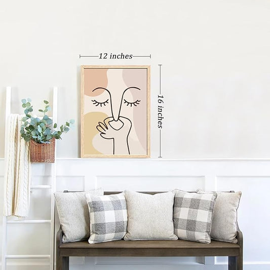 FWAHREN Funny Boho Bathroom Decor Wall Art, Framed Modern Abstract Minimalist Face Line Art Pictures Wall Decor for Restroom Office Living Room Bedroom, Neutral Beige Canvas Print Artwork, 12x16in
