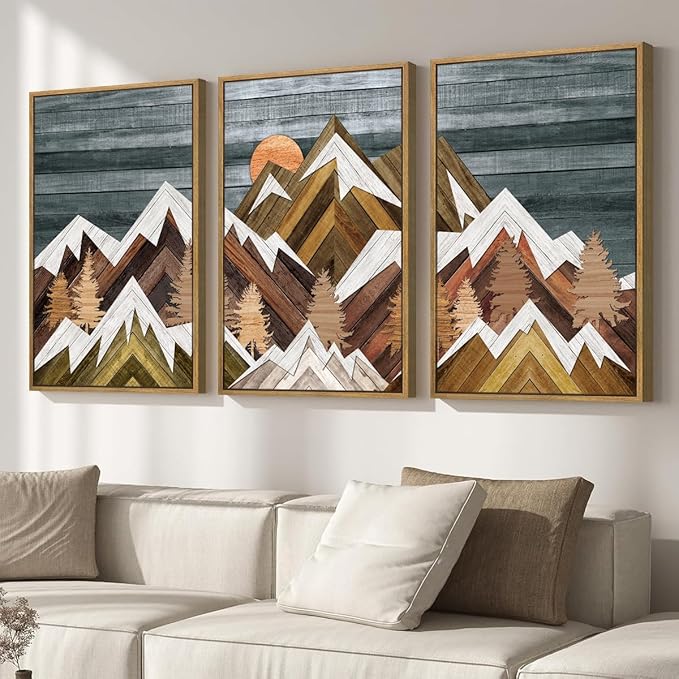 BINCUE Rustic Mountain Canvas Wall Picture Framed Mountain Wall Art Nature Landscape Artwork Boho Mountain Wall Decor Farmhouse Painting for Office Living Room Bedroom 16x24 Inches Set of 3