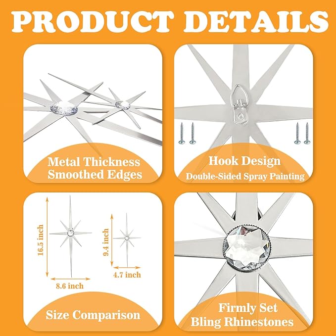 sxnzequnze 4 Pcs. Star Wall Art for Home Decor Living Room Bedroom Office Metal 3D,Bling,with Hanging Hook Starburst Midcentury Sculpture Retro Gallery Accent Celestial -Gold 16.5In/9.4In