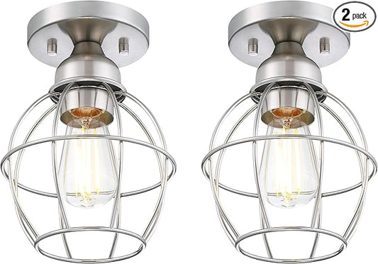 Farmhouse Ceiling Light Fixture, Vintage Semi Flush Mount Ceiling Light, Small Metal Cage Lighting Lamp for Hallway Entryway Kitchen Porch, Nickel Finish, 2-Pack