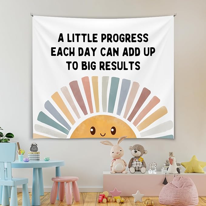 Positive Wall Tapestry-A Little Progress Each Day Inspirational Banner,Soft Flannel Wall Tapestry Decor for Bedroom,Kids Room Decor,Birthday Party Wall Art Decoration 51x59 Inch (Colorful-Progress)