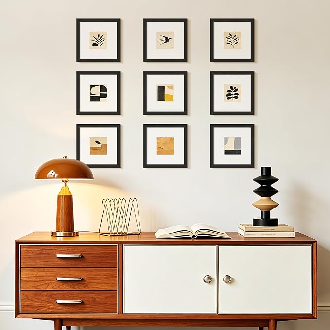 upsimples 8x8 Picture Frame Set of 5, Display Pictures 4x4 with Mat or 8x8 Without, Wall Gallery Poster Frames, Black