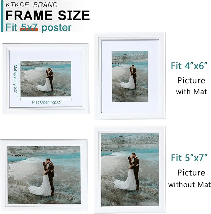 KTKDE 5x7 Picture Frame, Photo Frame White with Real Glass for Picture 4x6 photo with Mat or 5x7 photo without Mat, Composite Wood Picture Frames for Table Top and Wall best gift
