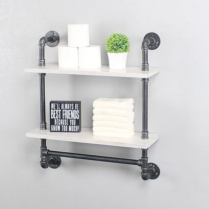 Iron Pipe Shelves Industrial Bathroom Shelves with Towel bar,24in Rustic Metal Pipe Floating Shelves Pipe Wall Shelf,2 Tier Industrial Shelf Wall Mounted,Retro White
