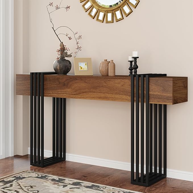 knoworld 63 Inch Long Console Table, Extra Thick Industrial Sofa Table Behind The Couch Rectangular Entryway Table for Entrance Hallway Living Room, Entire top Board & 4-Pipe Legs, Rustic Brown