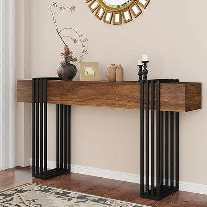 knoworld 63 Inch Long Console Table, Extra Thick Industrial Sofa Table Behind The Couch Rectangular Entryway Table for Entrance Hallway Living Room, Entire top Board & 4-Pipe Legs, Rustic Brown
