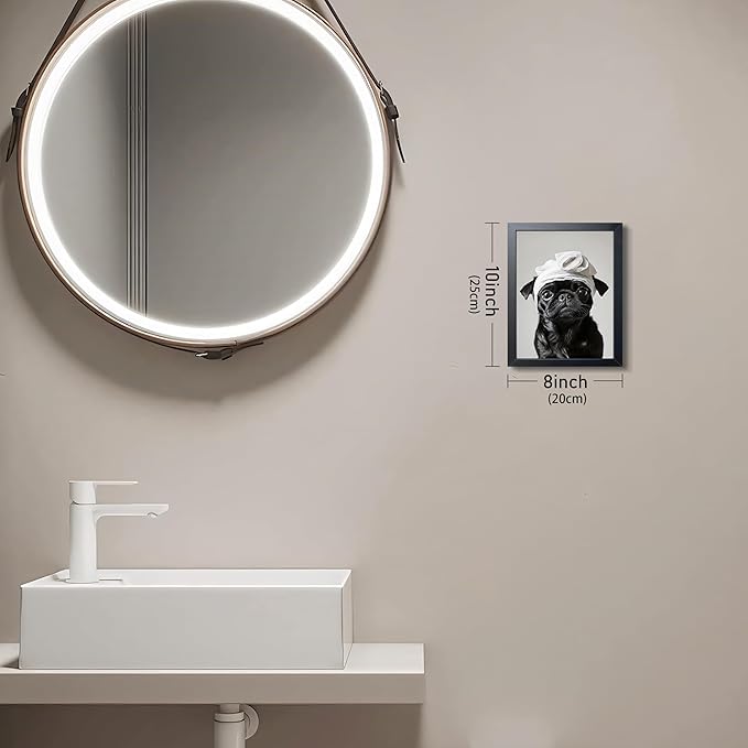 Framed Funny Dog Bathroom Wall Art, Cute Pug Bathroom Wall Decor, Cute Animal Canvas Print Picture, Modern Farmhouse Restroom Home Decor Painting 8x10 Inch Framed