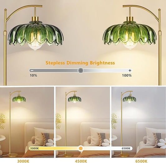 AHDWDW Gold Floor Lamp for Living Room Bedroom with Remote,Unique Vintage Standing Tall Lamp,Mid Century Modern Floor Lamps with Dimmable Bulb,Arc Green Glass Floor Lamps for Office Corner