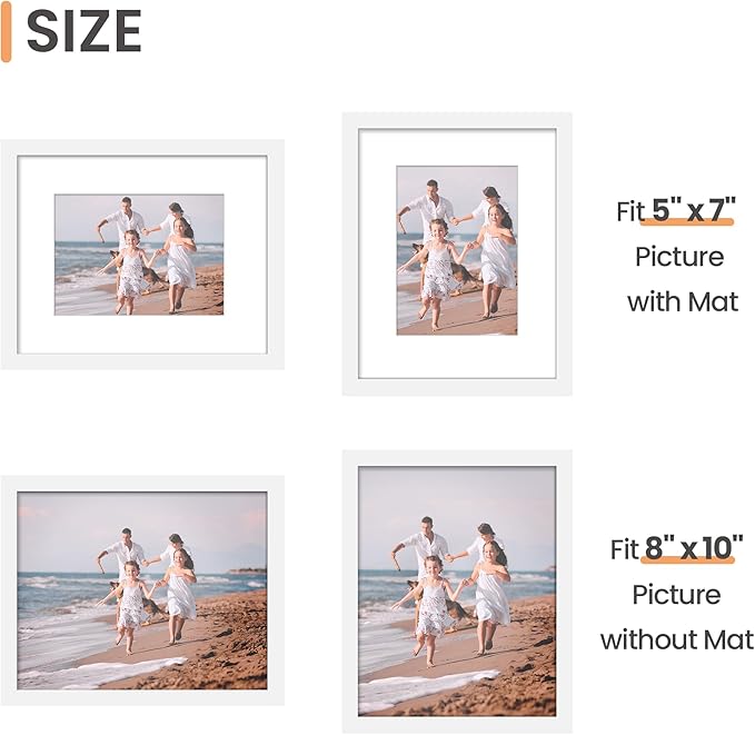 upsimples 8x10 Picture Frame Set of 3, Made of High Definition Glass for 5x7 with Mat or 8x10 Without Mat, Wall Mounting Photo Frames, White