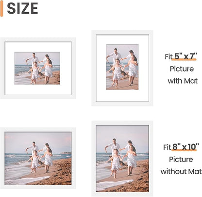 upsimples 8x10 Picture Frame Set of 3, Made of High Definition Glass for 5x7 with Mat or 8x10 Without Mat, Wall Mounting Photo Frames, White