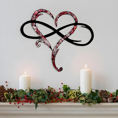 Infinity Heart Wall Decor, Unique Infinity Heart Metal Wall Art Decor Love Sign Steel Wall Plaques Bedroom Ornaments for Home Wedding Decor, Room Living Room Decoration (Red Black, 15.7x14inch)