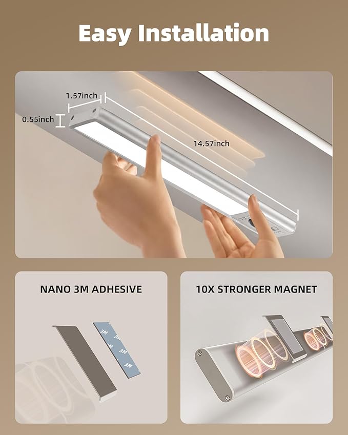 EZVALO Under Cabinet Lights, 14.5'' Motion Sensor Light Indoor Dimmable, 4000mAh Rechargeable Closet Lights 5700K with Remote Control, Wireless Under Counter Light for Kitchen,Cabinet,Bedroom（4Pcs）