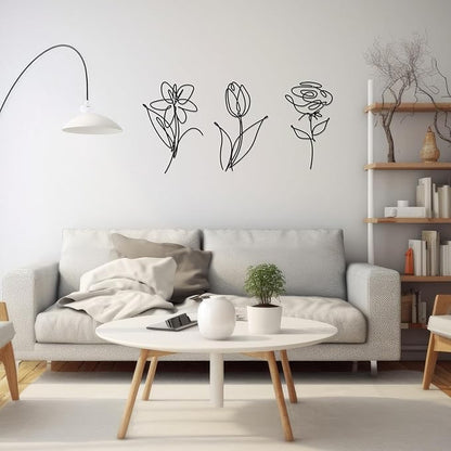 Ferraycle 3 Set of Metal Flower Wall Decor 9.84 x 5.91 Inch Mother's Day Metal Wall Ornament Art Black Minimalist Wire Signs for Bedroom Patio Balcony Bathroom Office Restaurant Shop Presents Gifts