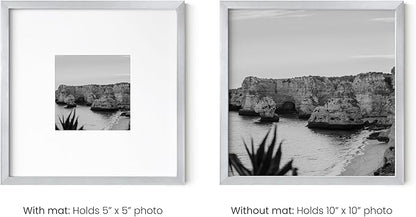 HAUS AND HUES 10x10 Silver Metal Picture Frames Matted to 5x5 - Premium Aluminum with Hanging Hardware, Shatterproof Plexiglass - Ideal for Home or Office (10x10 in, Silver, Set of 4)
