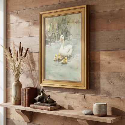 Vintage Gold Framed Canvas Wall Art, Ducks Poster Artwork, Country Animal Print Picture, Farmhouse Nature Pond Painting Wall Decor, for Living Room, Bedroom, Home Decoration, 9x11in