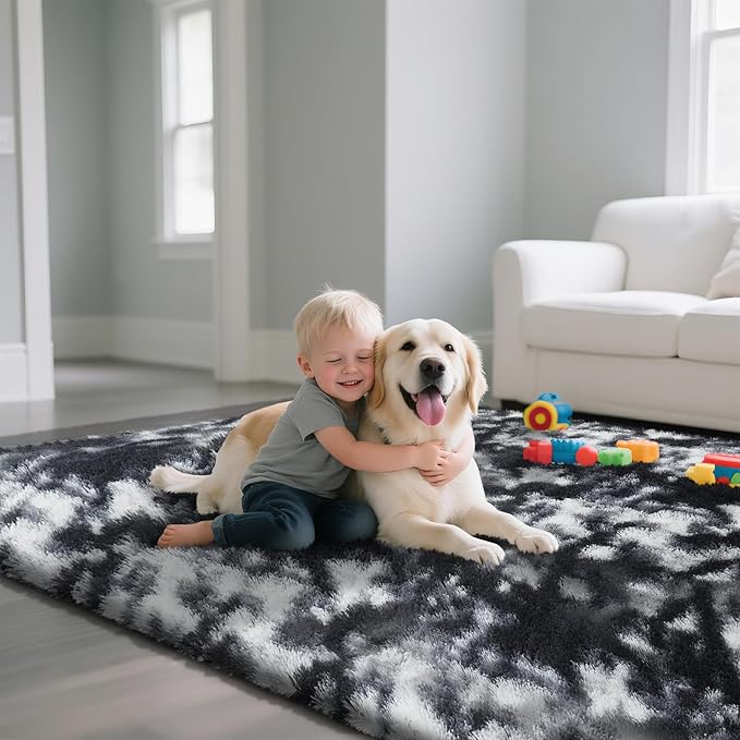 Fluffy Rug Shag Area Rug, Mottling Black 3x5 Area Rugs for Bedroom, Small Bedside Rug, Soft Fluffy Shag Entryway Throw Rugs for Living Room Bedroom Kids Room Home Decor