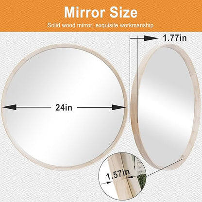 Natural Wood Round Mirror, 24 Inch - Wall Circle Mirror for Bathroom or Nursery Decor