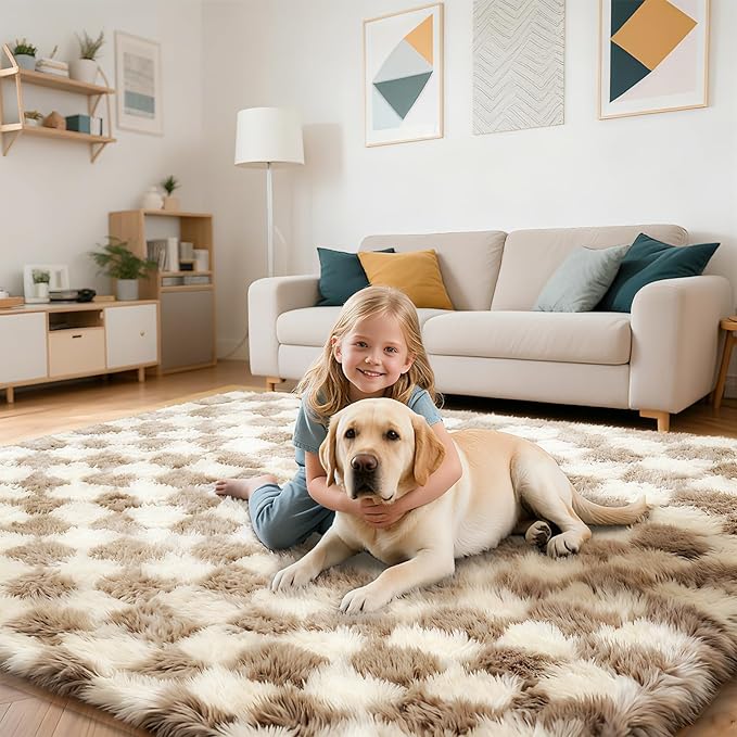 Checkered Rug for Bedroom, 2x6 Beige and White Area Rugs, Classic Checkered Carpets Shag Area Rug, Bedside Rugs for Living Room Bedroom Kids Room Home Decor