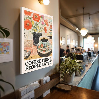 GELDSTEI Framed Retro Coffee Wall Art, Vintage Cafe Wall Decor, Coffee First People Later Canvas Painting, Classical Cafe Bar Poster Print for Kitchen Dining Room Home Office Ready to Hang 16x24 Inch