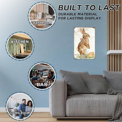 Happy Easter Bunny Metal Sign Spring Theme Rustic Tin Wall Art For Home Kitchen Garden Farmhouse Seasonal Decor 8x12Inch