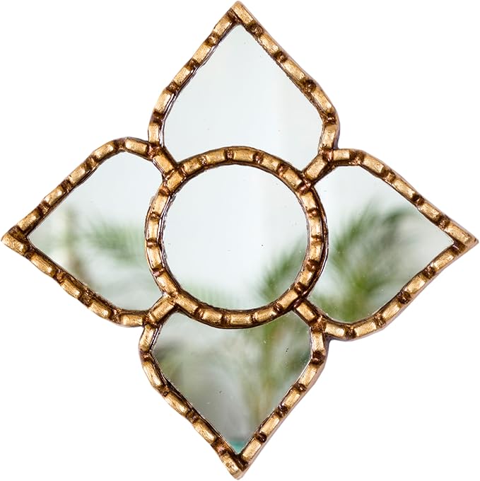 Small Gold Peruvian Mirror Bronze Leaf Frame Handmade Wall Decor 6" Square - 8.3" Diamond - Gift Mothers Day (Gold)