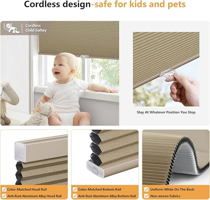 LazBlinds Cordless Cellular Shades, Blackout Privacy Honeycomb Shades for Home, Thermal Insulation Noise Reduction Blinds for Windows, 42'' W x 64'' H, Taupe