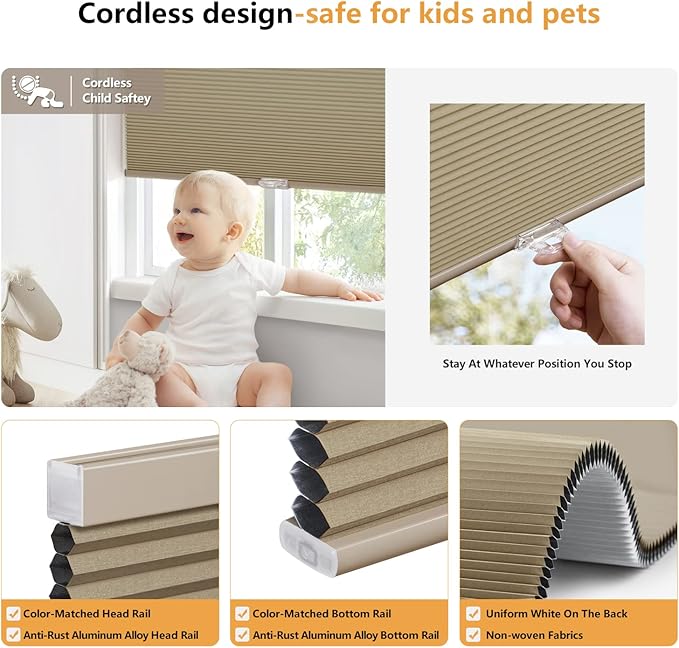 LazBlinds Cordless Cellular Shades, Blackout Privacy Honeycomb Shades for Home, Thermal Insulation Noise Reduction Blinds for Windows, 47'' W x 48'' H, Taupe