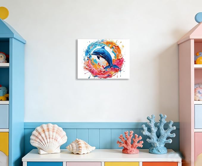 DUFIPOR Colorful Abstract Dolphin Poster Canvas Wall Art - Vibrant Modern Ocean Animal Painting Print - 12x16 Framed Graffiti Picture Decor for Teen Boy/Girl Kids/Child Bathroom Bedroom Living Room