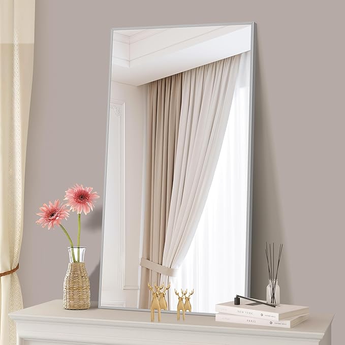 COFENY 48x24In Silver Bathroom Mirror for Wall, Brushed Nickel Rectangle Mirrors with Metal Frame, Bathroom Rectangular Mirror Modern Wall Mirror for Bedroom Living Room, Hangs Horizontal or Vertical