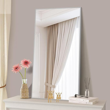 COFENY 48x24In Silver Bathroom Mirror for Wall, Brushed Nickel Rectangle Mirrors with Metal Frame, Bathroom Rectangular Mirror Modern Wall Mirror for Bedroom Living Room, Hangs Horizontal or Vertical