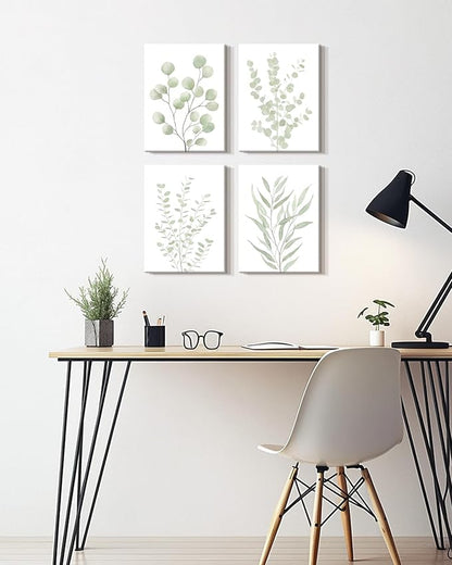 Drsoum Botanical Plant Framed Wall Art Boho Wall Decor for Bathroom Sage Green Eucalyptus Leaf Prints Minimalist Aesthetic Ready to Hang Set of 4, 12x16 in (Framed)