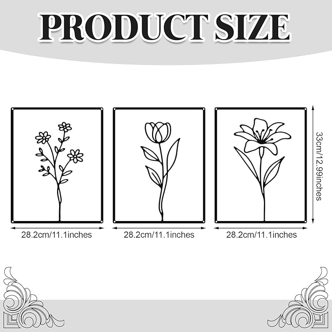 Otoolling 3 Pieces Metal Minimalist Line Kitchen Signs Wall Decor Drawing Rustic Bathroom Wall Art for Dining Living Room Bathroom Home, 14 x 11 Inches (Flower,Black)