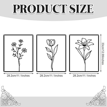 Otoolling 3 Pieces Metal Minimalist Line Kitchen Signs Wall Decor Drawing Rustic Bathroom Wall Art for Dining Living Room Bathroom Home, 14 x 11 Inches (Flower,Black)