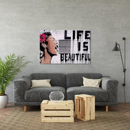 Yatsen Bridge Graffiti Street Art Banksy Art Women Painting Print on Canvas Life is Beautiful Home Artwork for Living Room Bedroom Decoration Framed Ready to Hang - 36" W x 24" H