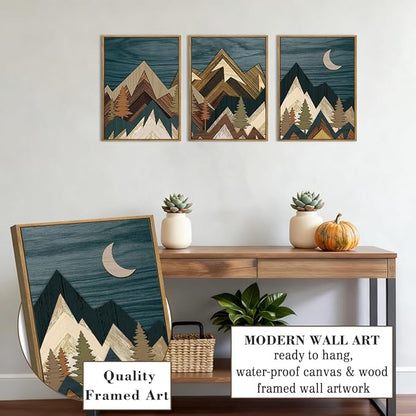 BINCUE Boho Mountain Wall Art Framed Landscape Wall Decor Modern Nature Artwork Mountains Wall Pictures Moon Art Landscape Wall Paintings Rustic Prints for Farmhouse Bedroom Living Room Office 12x16 Inch Set of 3