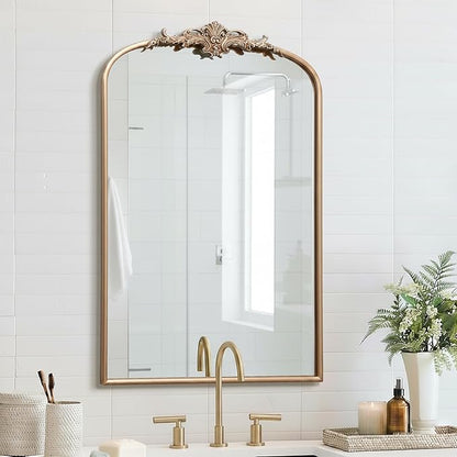 Besdomus Large Antique Wall Mirror: 24"x36" French Arched Champagne Gold Vintage Wall Mounted Mirror - Traditional Ornate Home Decor for Entryway/Bedroom/Bathroom - Baroque Idea for Housewife