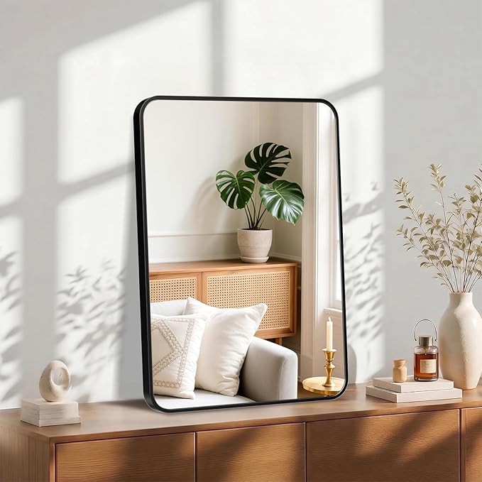 OLIXIS Bathroom Mirror for Over Sink, 28x20 Inch Wall Mount Mirror with Rounded Rectangle and Matte Metal Framed, Modern Wall Vanity Mirror for Home Decor, Living Room, Bedroom, Black