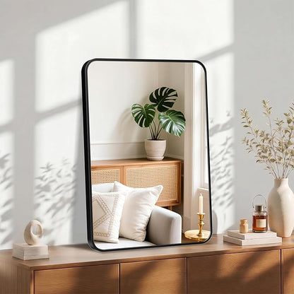 OLIXIS Bathroom Mirror for Over Sink, 28x20 Inch Wall Mount Mirror with Rounded Rectangle and Matte Metal Framed, Modern Wall Vanity Mirror for Home Decor, Living Room, Bedroom, Black