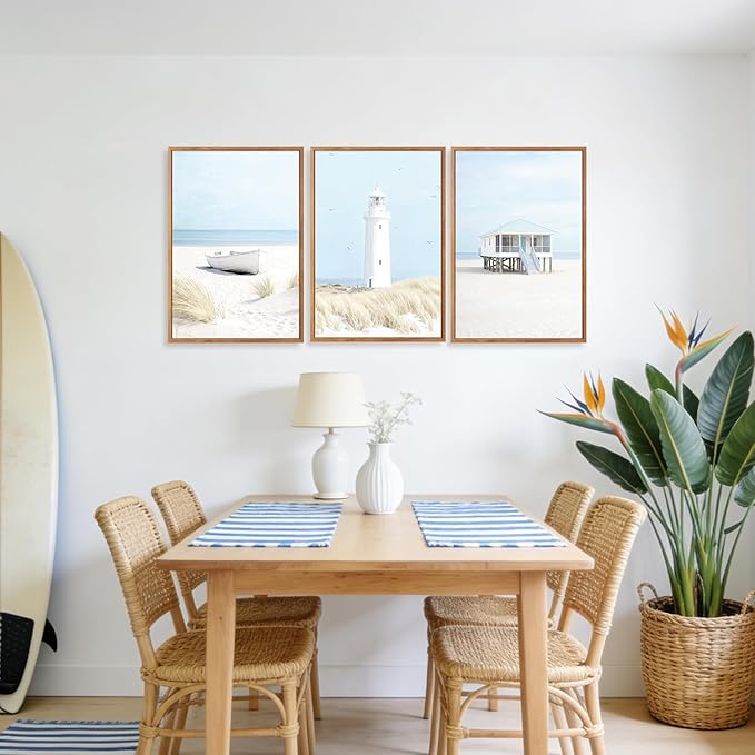 Aurlan Blue Coastal Beachy Seascape Framed Wall Art(16"x24"), 3PCS Neutral Modern Nautical Ocean Landscape Canvas Artwork, Large Minimalist Pampas Grass Sailboat Lighthouse Seagull Cabin Decor for Bedroom Living Room