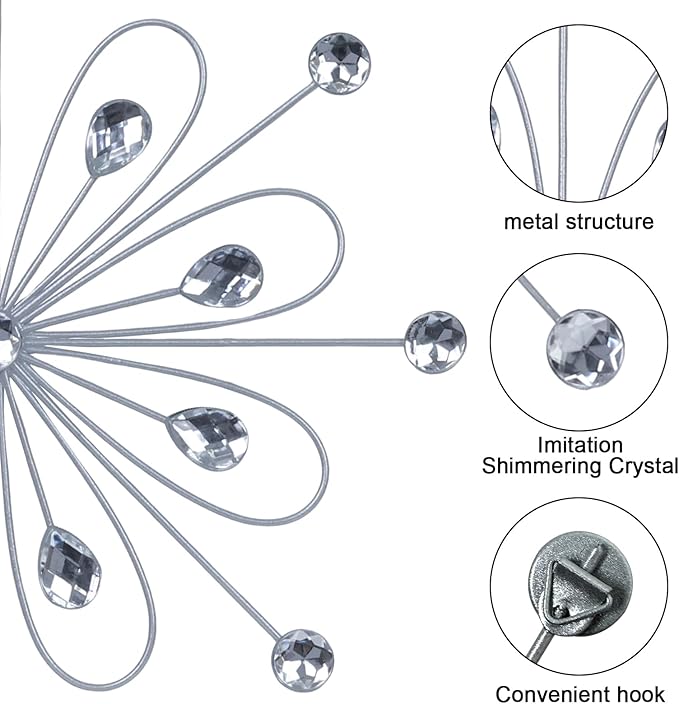 hogardeck Metal Flower Wall Decor, 11inch Silver Metal Jeweled Wall Art Bling Crystal Home Décor, Sun Burst Rhinestone Wall Hanging Diamond Accents for for Indoor, Outdoor, Living Room, Bedroom
