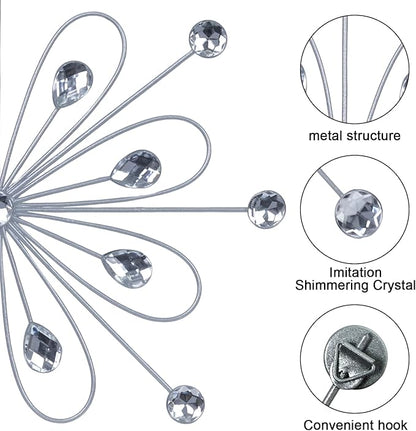 hogardeck Metal Flower Wall Decor, 11inch Silver Metal Jeweled Wall Art Bling Crystal Home Décor, Sun Burst Rhinestone Wall Hanging Diamond Accents for for Indoor, Outdoor, Living Room, Bedroom