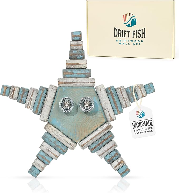 Handmade Driftwood Fish Nautical Wall Decor - 12" x 12" Wooden Rustic Coastal Wall Art for Living Room, Bedroom, Office, Bathroom - Ocean Beach Decoration (Grippy)